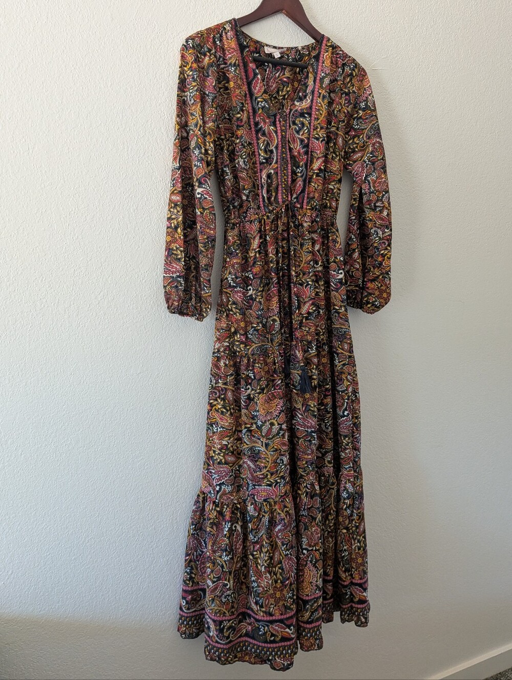 Boemo Anthropologie Boho Paisley Tiered Maxi Dress Long Sleeve Size S - Picture 2 of 10